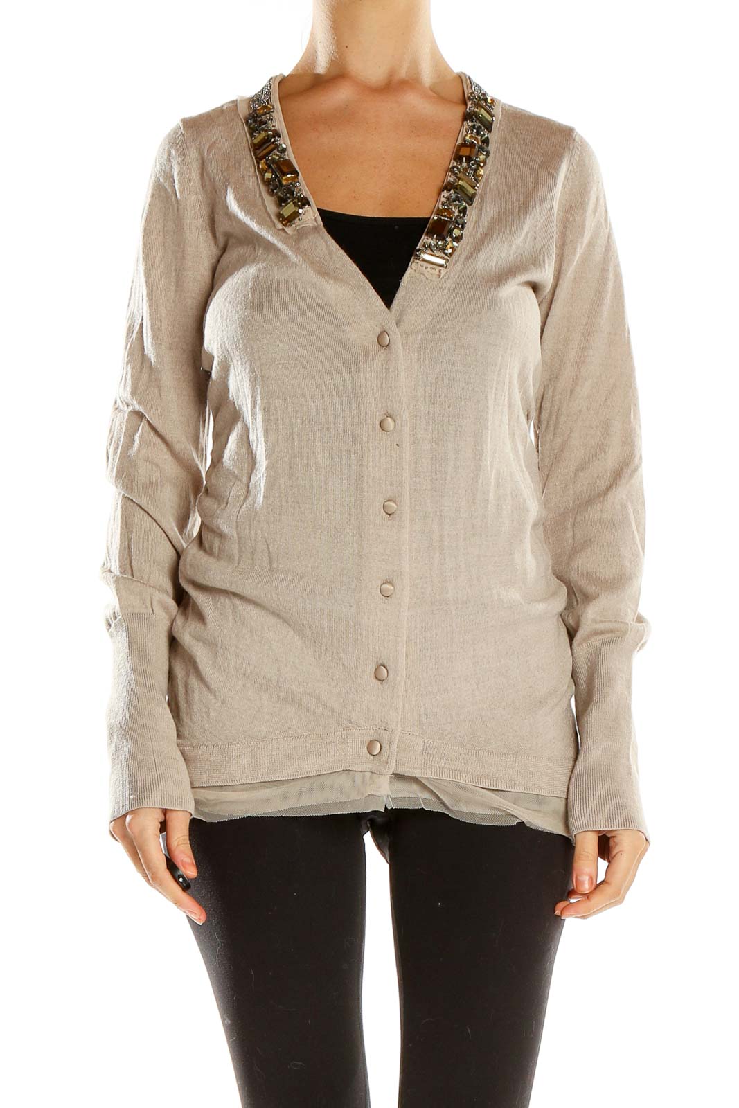 Front view of LOFT beige embellished V-neck cardigan