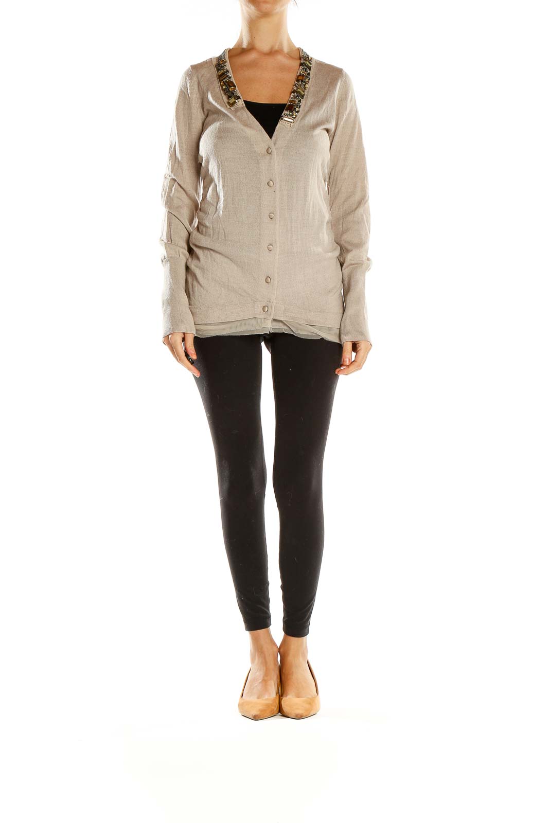 Front view of LOFT beige embellished V-neck cardigan