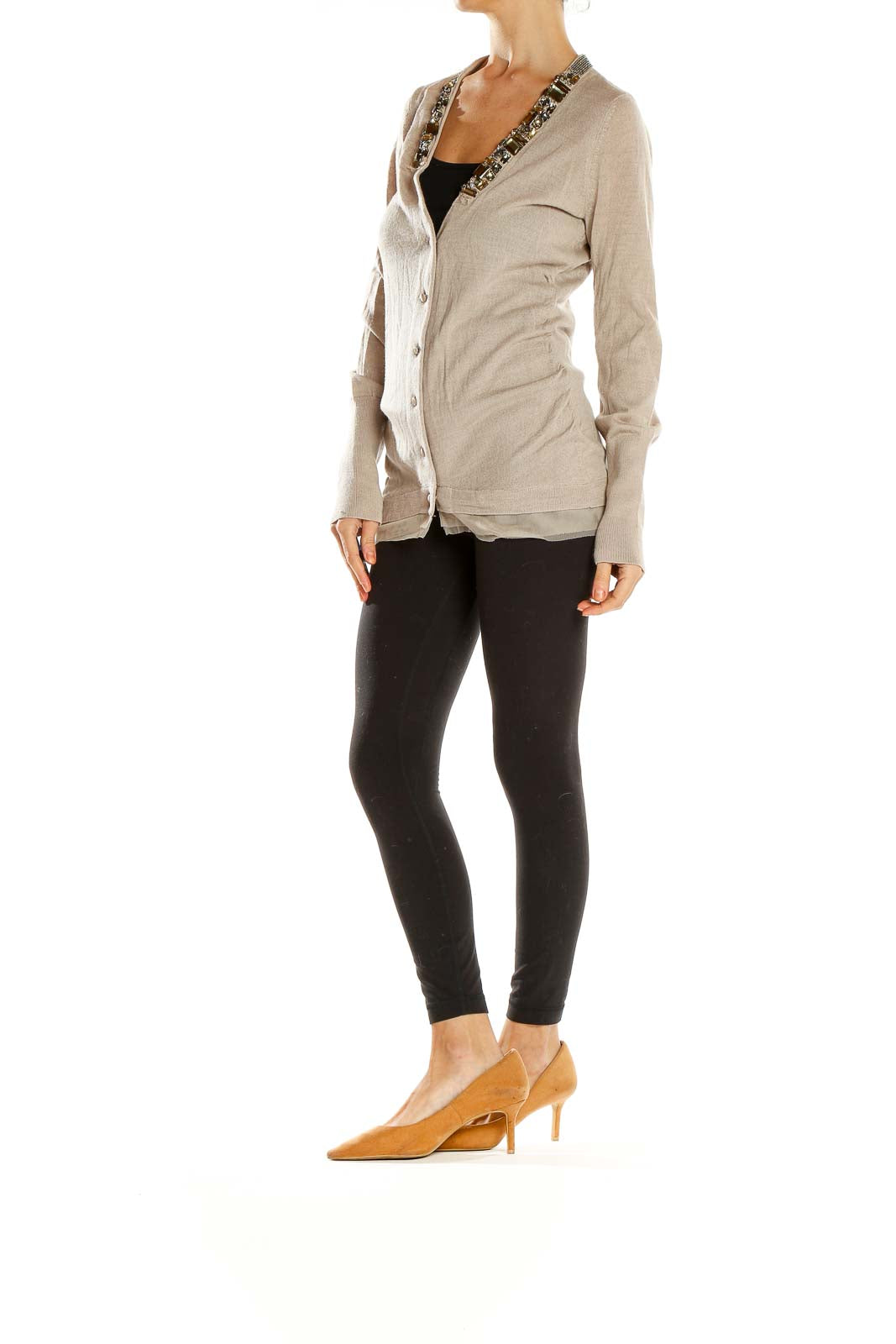 Front view of LOFT beige embellished V-neck cardigan