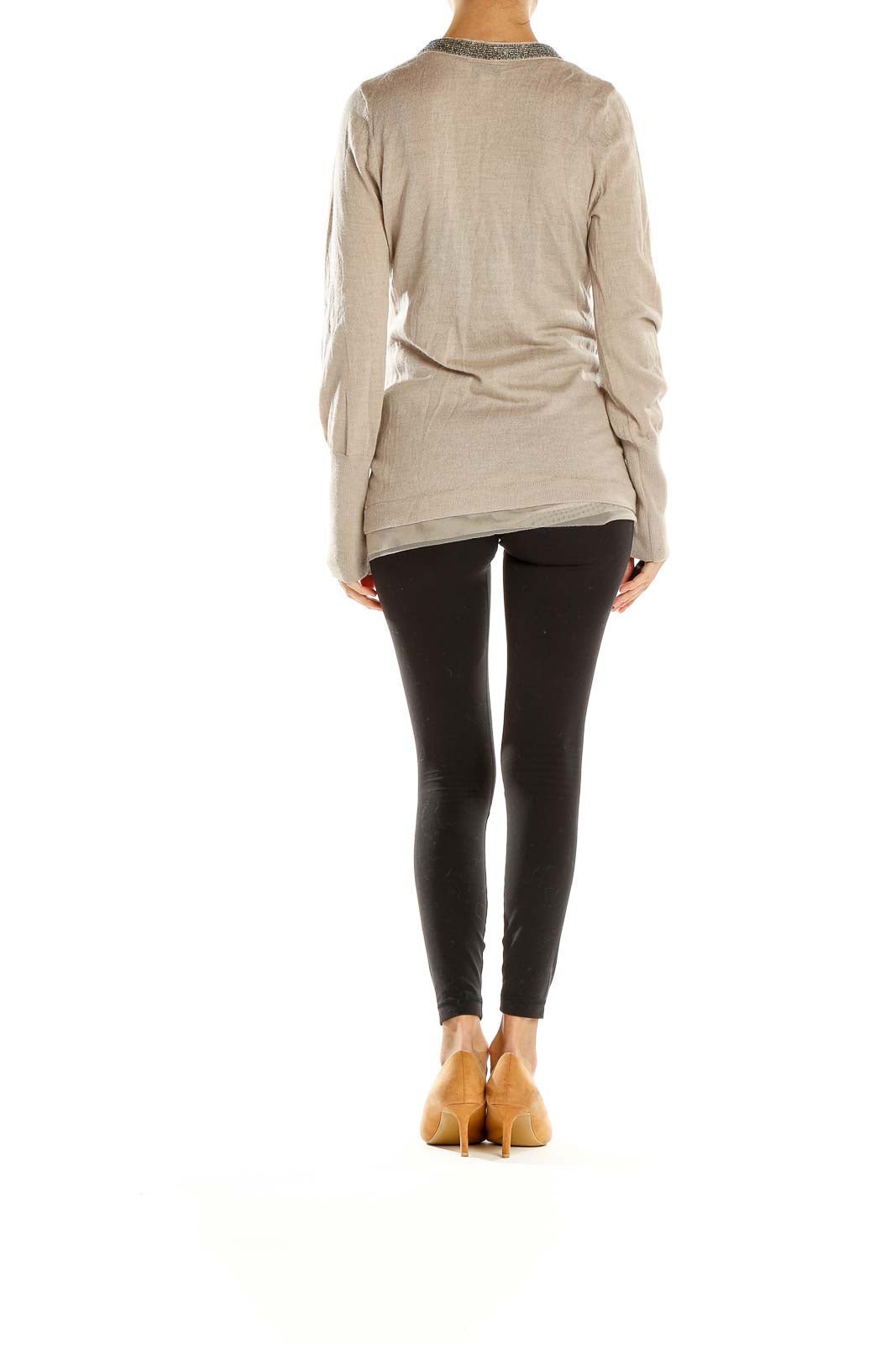 Side view of LOFT beige embellished V-neck cardigan on model