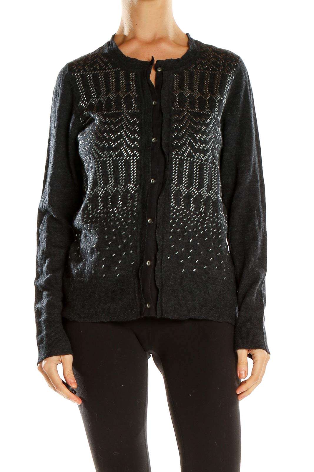 Front view of Eddie Bauer charcoal cardigan with geometric pattern