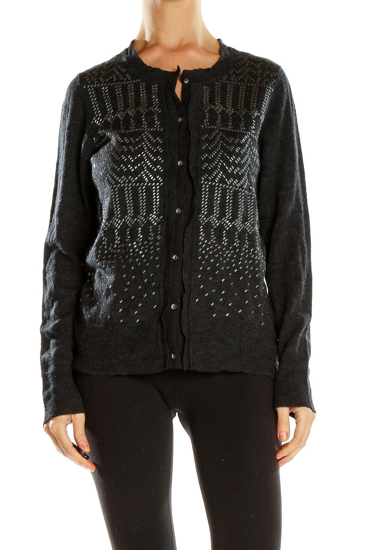 Front view of Eddie Bauer charcoal cardigan with geometric pattern