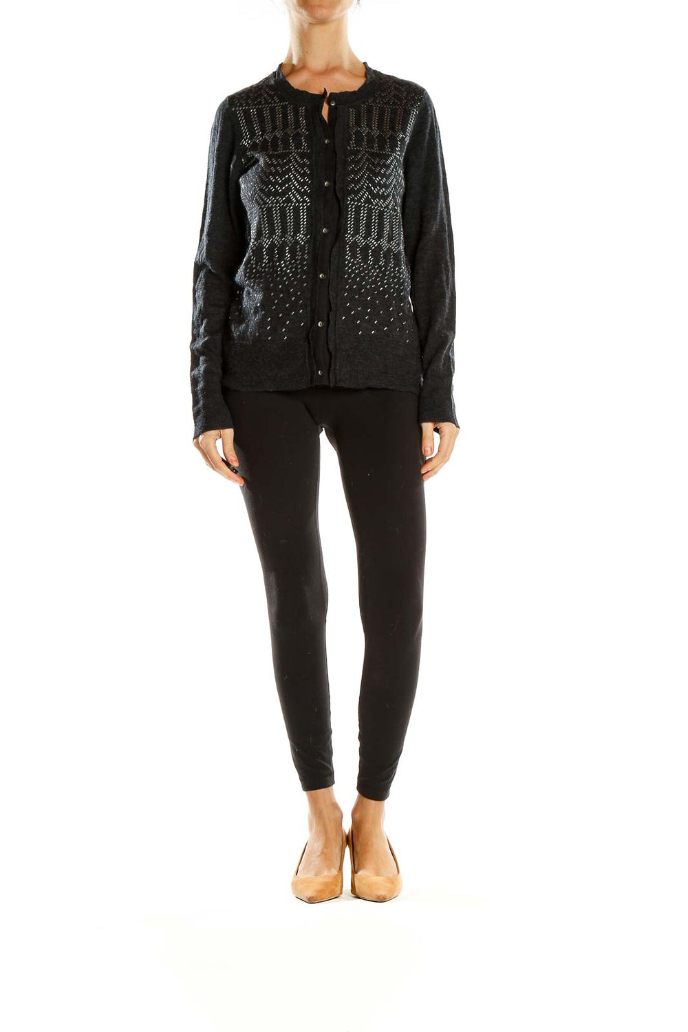Front view of Eddie Bauer charcoal cardigan with geometric pattern
