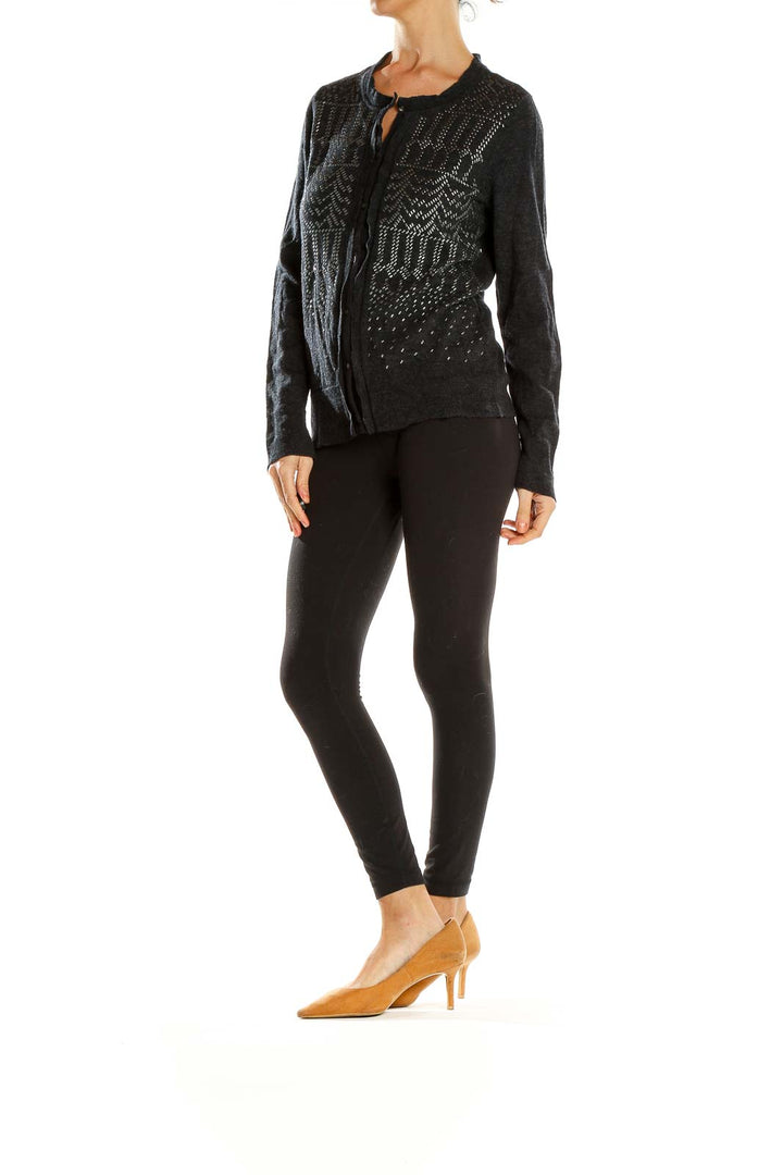 Front view of Eddie Bauer charcoal cardigan with geometric pattern