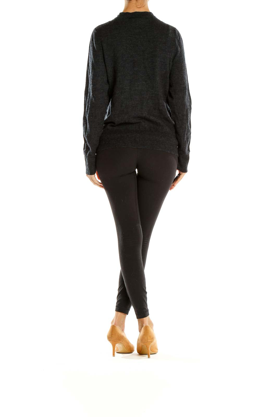 Side view of Eddie Bauer charcoal cardigan showing button-front closure