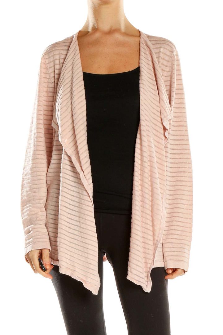 Front view of Calvin Klein pink striped open front cardigan