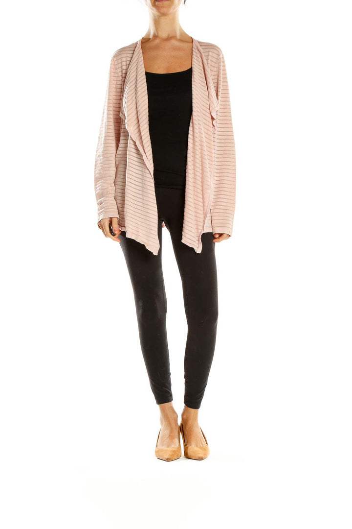 Front view of Calvin Klein pink striped open front cardigan