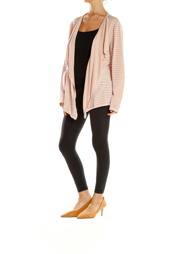 Front view of Calvin Klein pink striped open front cardigan