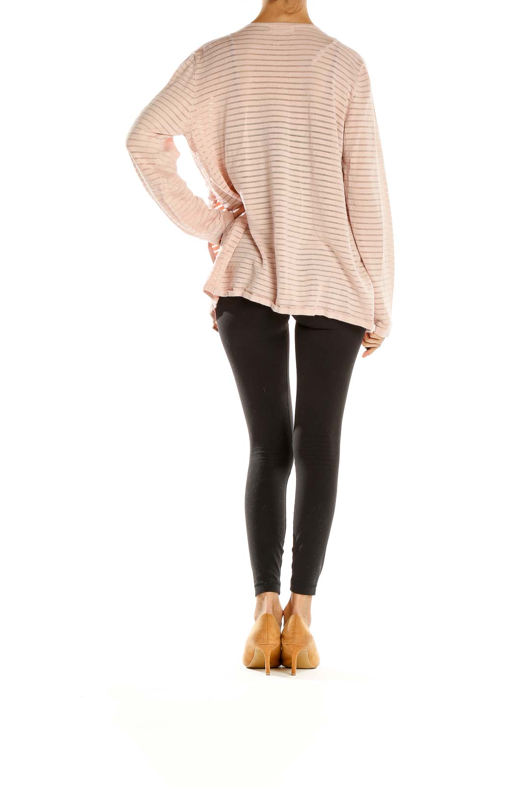 Back view of Calvin Klein pink striped open front cardigan on model