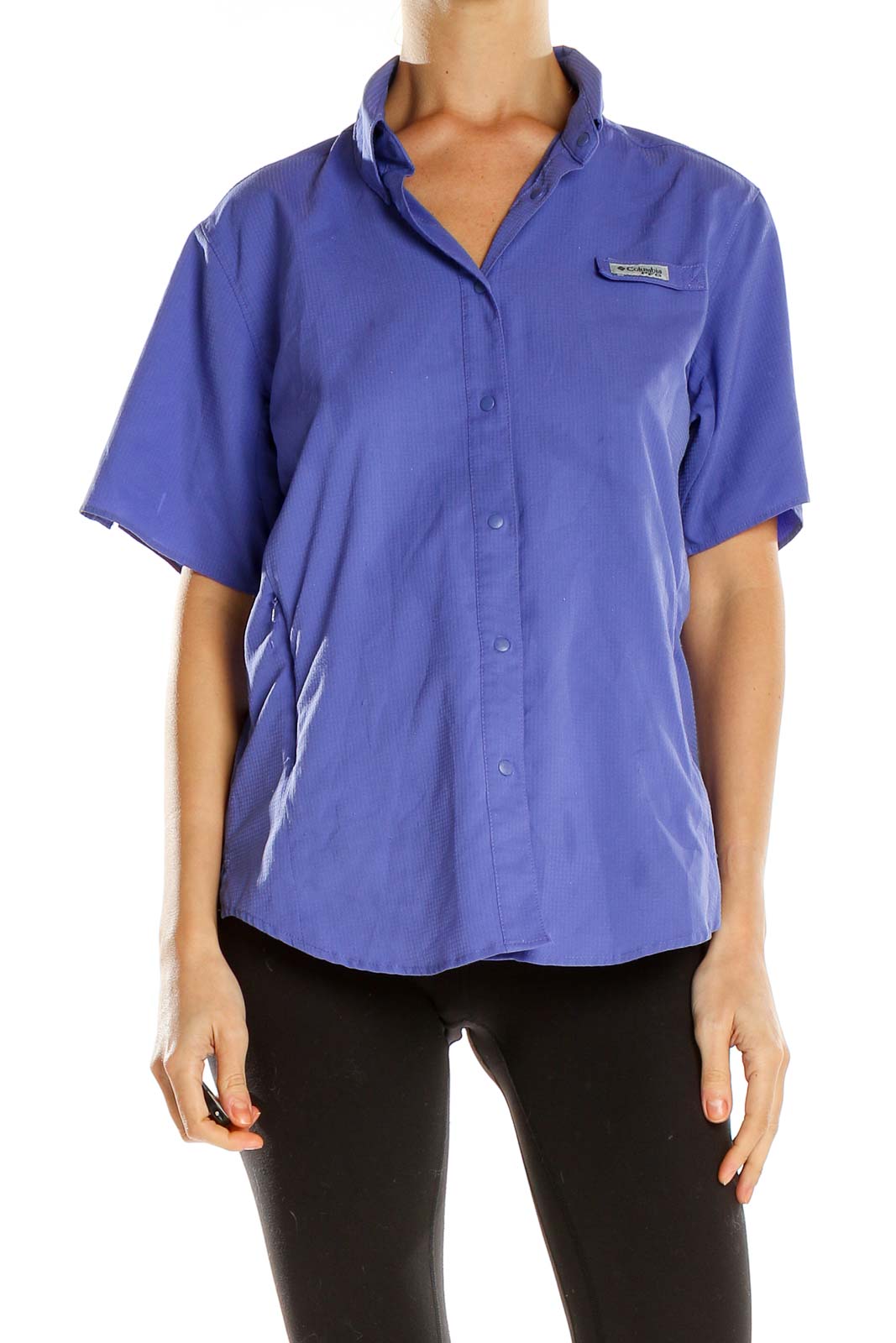 Front view of Columbia purple short-sleeve button-up activewear shirt