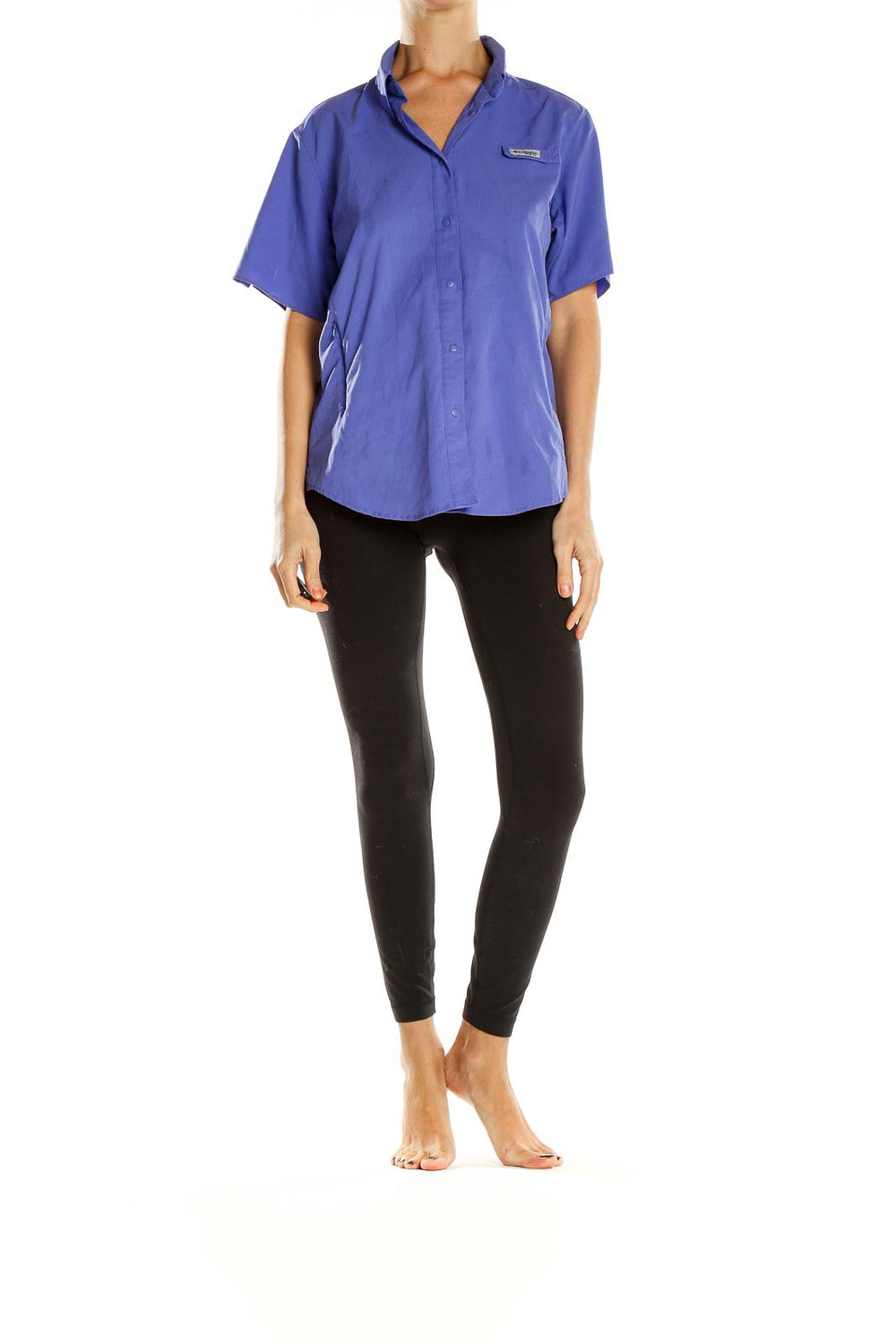 Front view of Columbia purple short-sleeve button-up activewear shirt