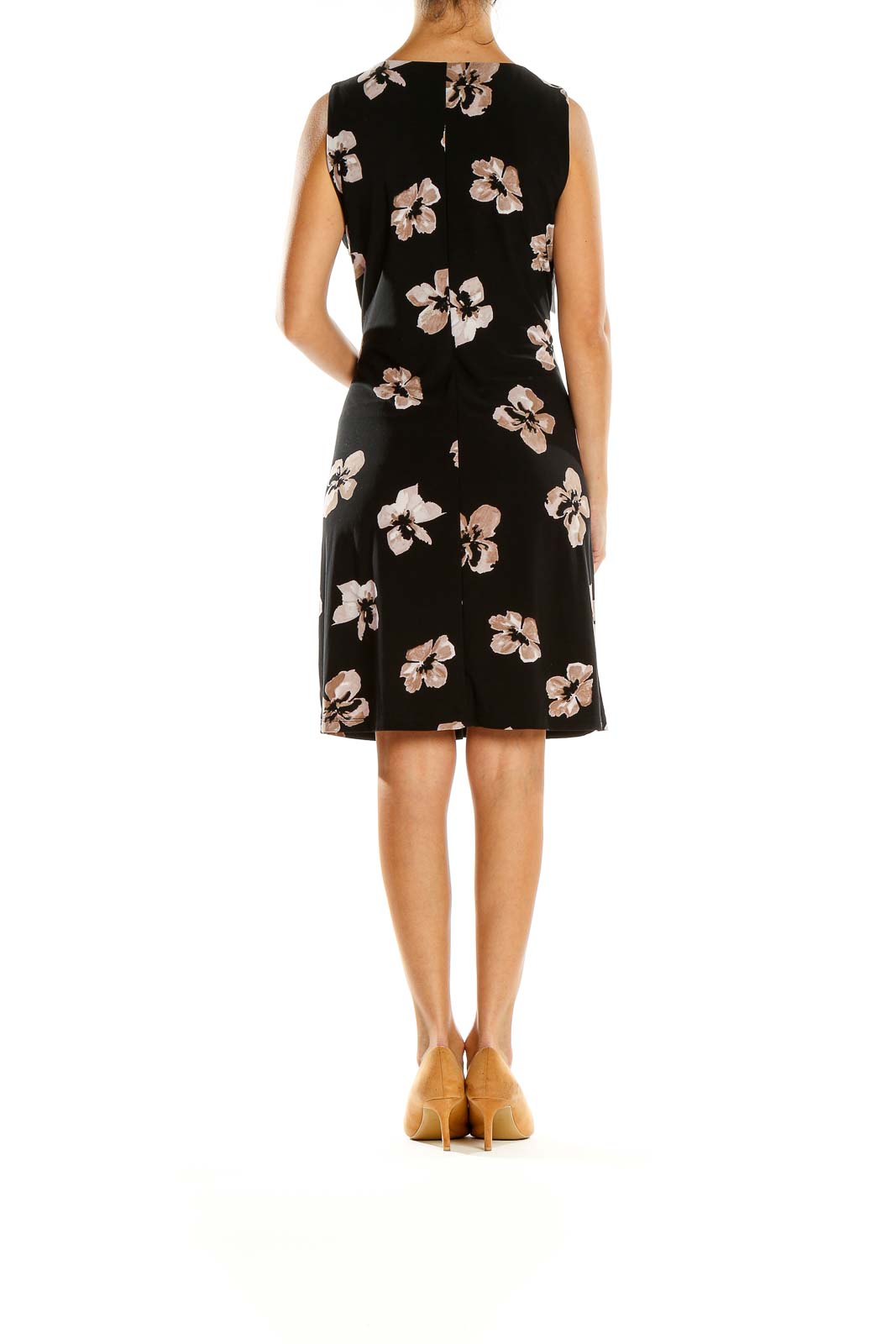 Side view of Tommy Hilfiger black sleeveless dress with floral print and A-line silhouette