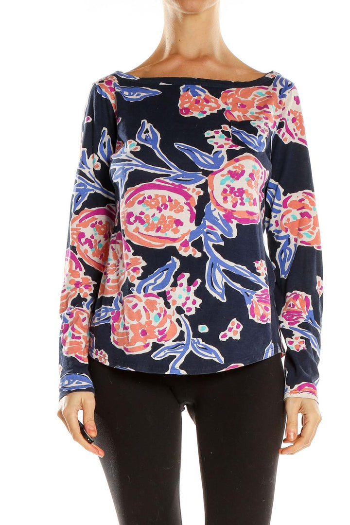 Front view of Lilly Pulitzer navy floral long sleeve boat neck top