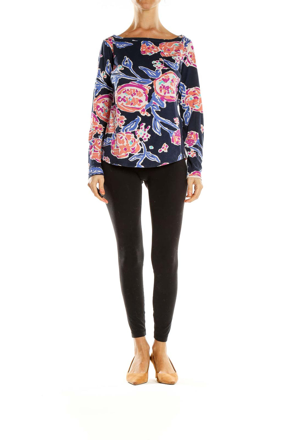 Front view of Lilly Pulitzer navy floral long sleeve boat neck top