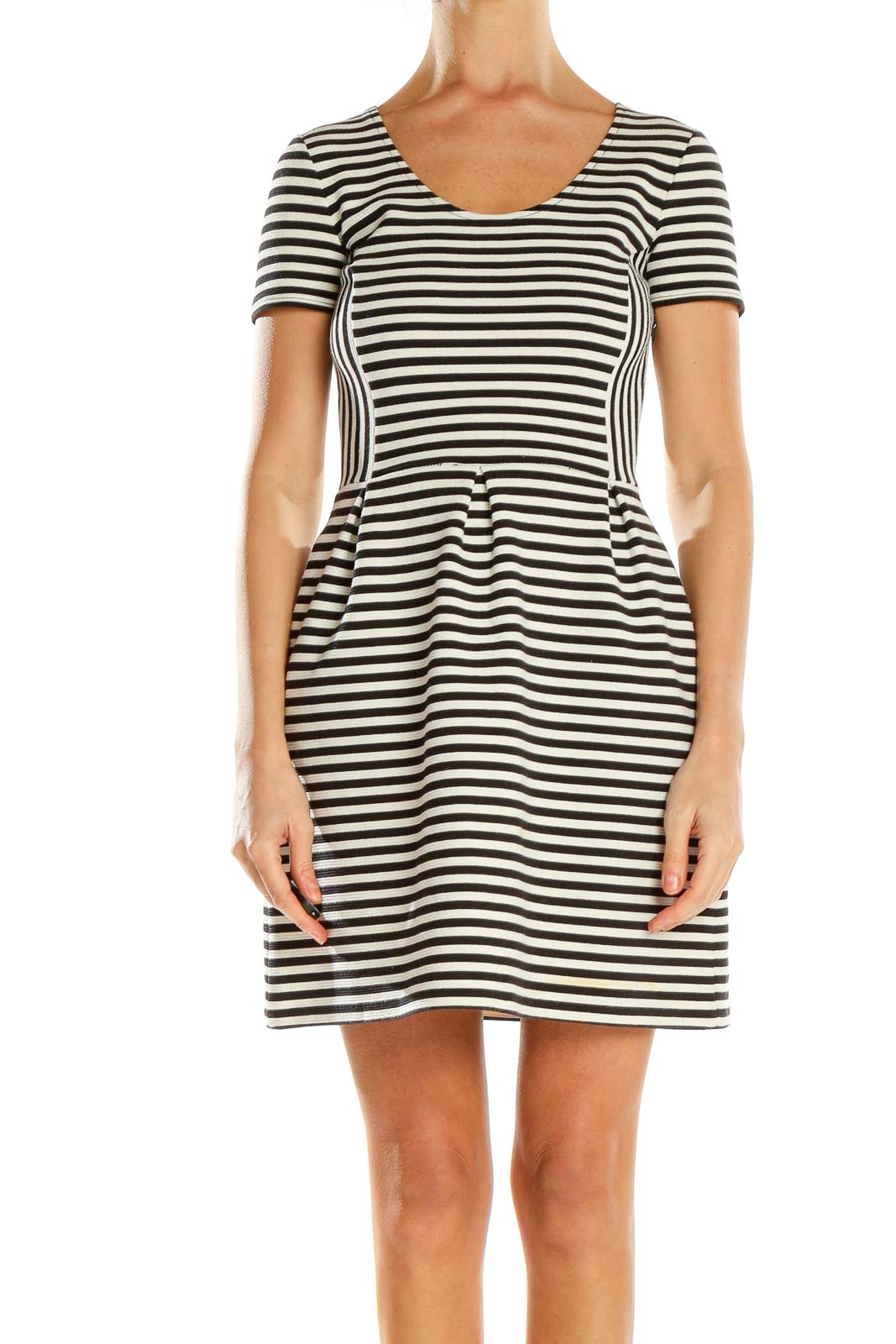 Front view of Madewell black and white striped short sleeve dress