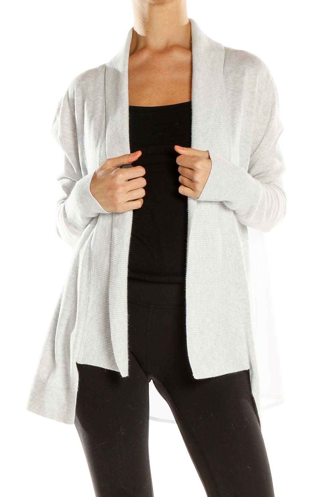 Front view of light gray Banana Republic open-front knit cardigan