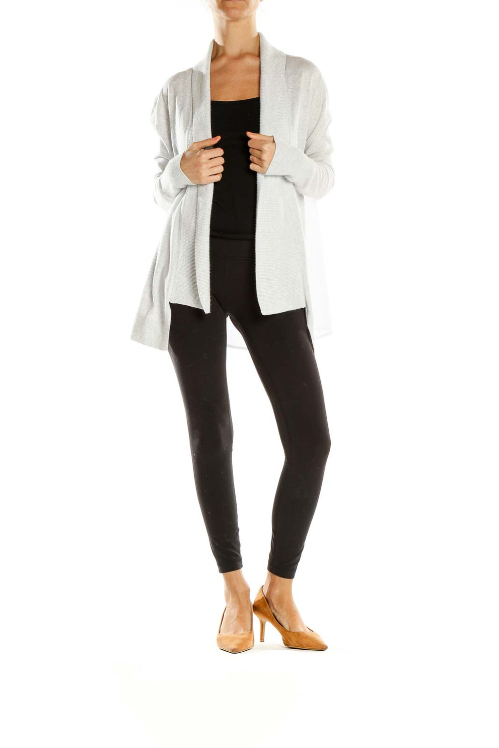 Front view of light gray Banana Republic open-front knit cardigan