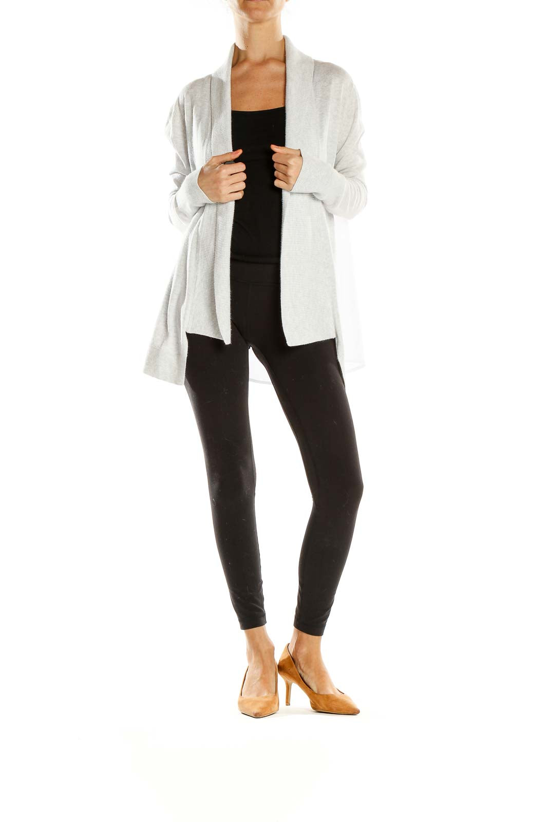 Front view of light gray Banana Republic open-front knit cardigan