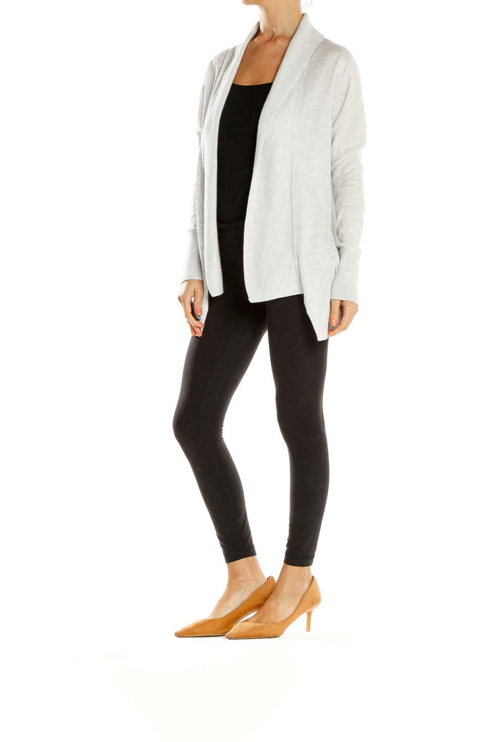 Front view of light gray Banana Republic open-front knit cardigan