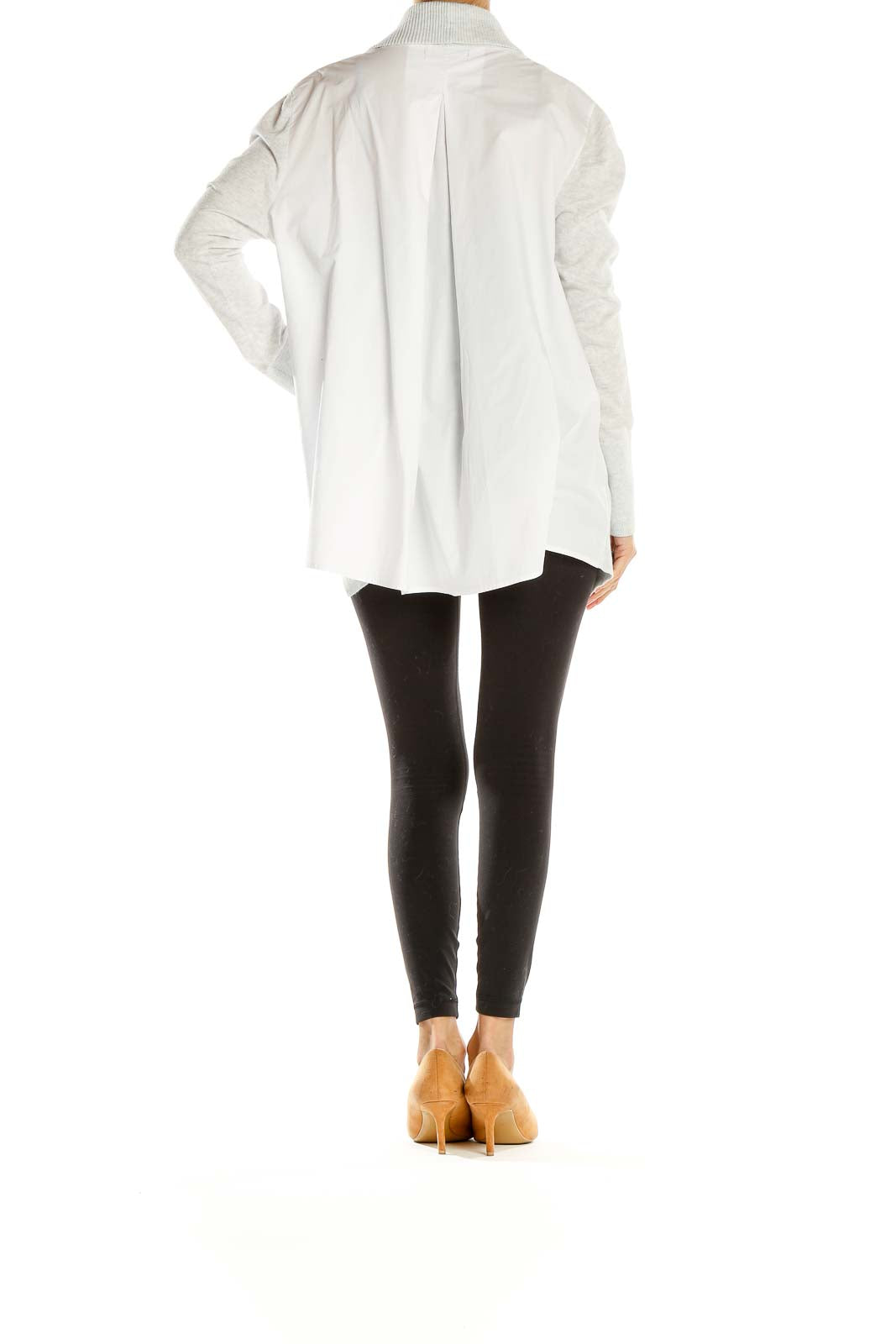 Side view of light gray Banana Republic open-front knit cardigan on model