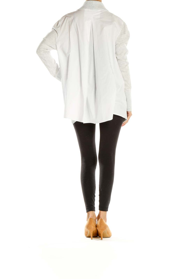 Side view of light gray Banana Republic open-front knit cardigan on model