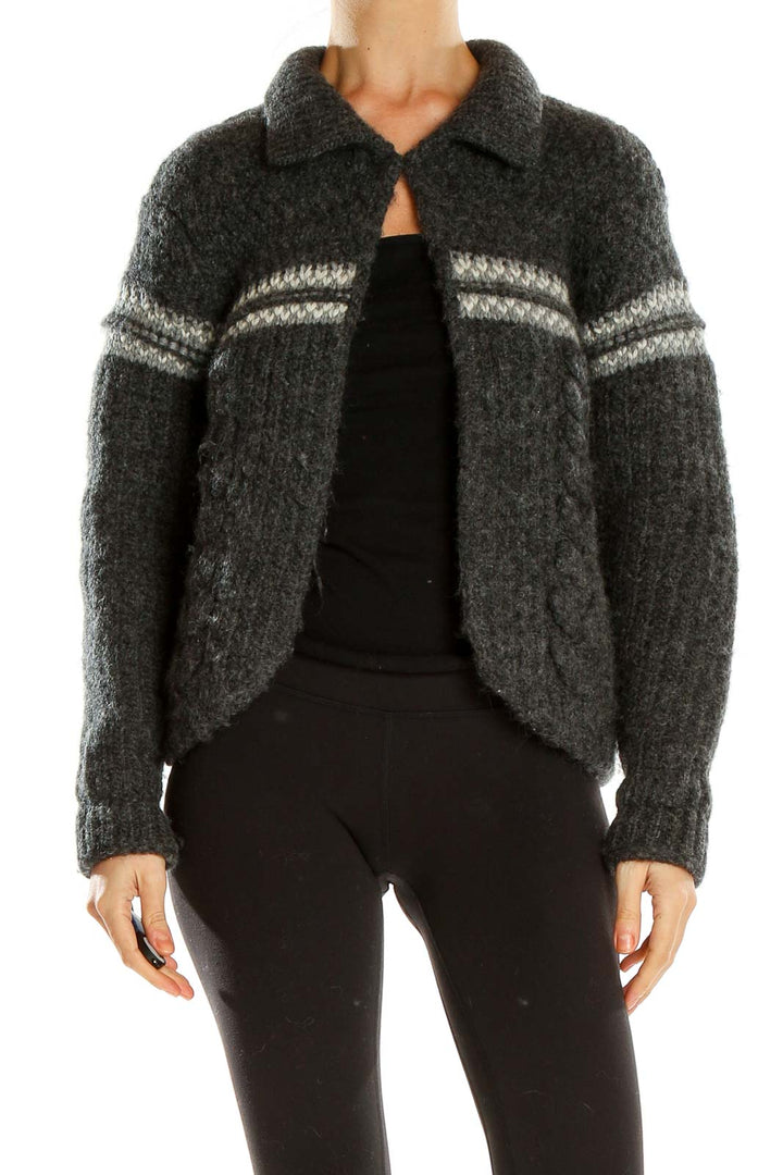 Front view of Woolrich charcoal gray striped wool blend cardigan with button closure
