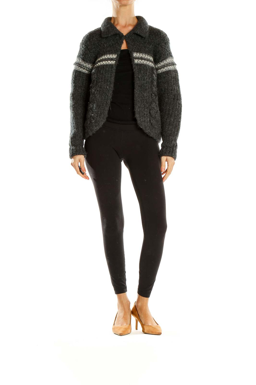 Front view of Woolrich charcoal gray striped wool blend cardigan with button closure