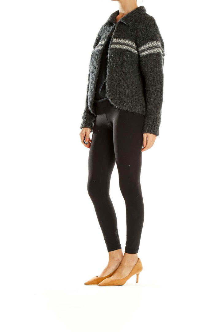 Front view of Woolrich charcoal gray striped wool blend cardigan with button closure