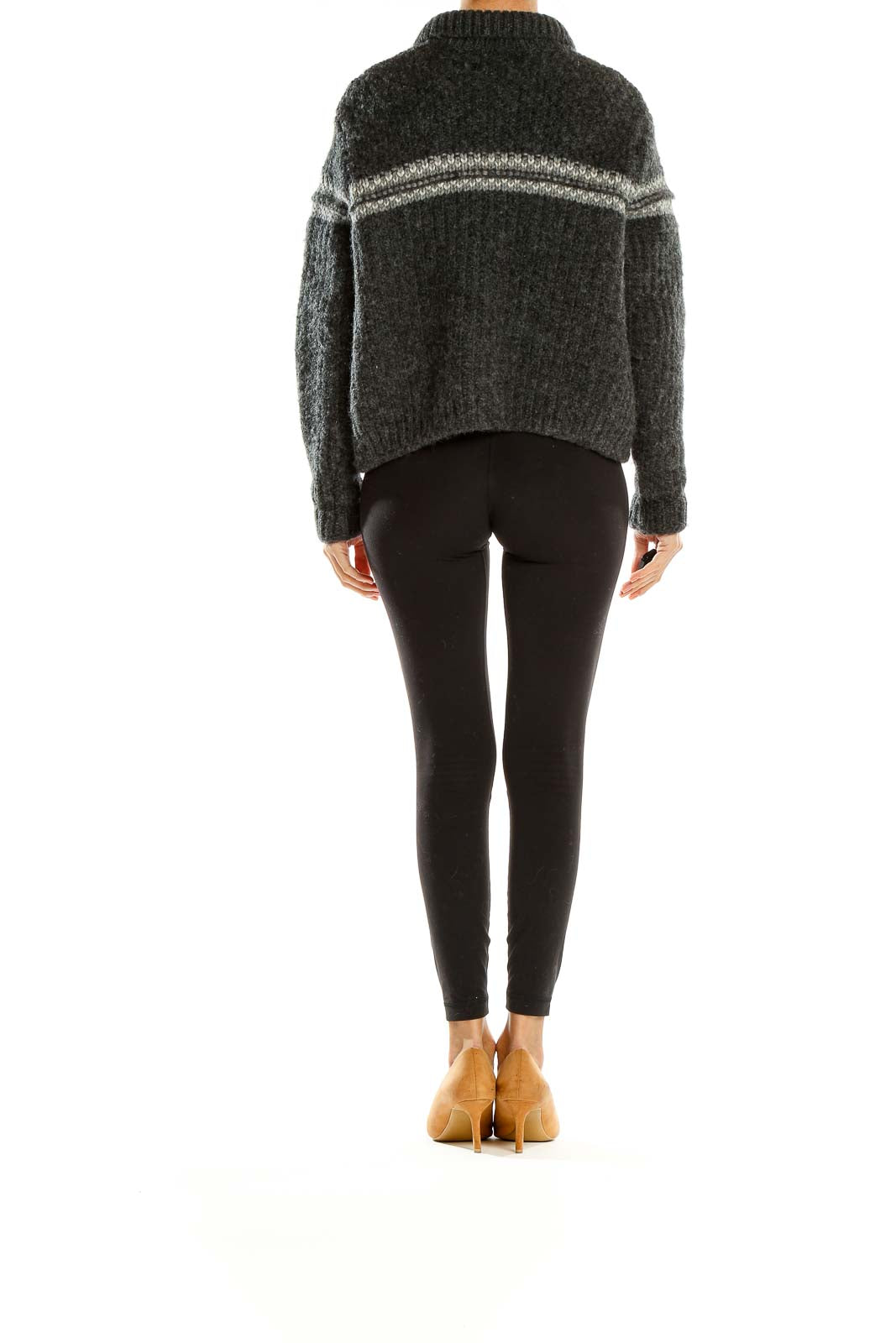 Side view of Woolrich charcoal gray striped wool blend cardigan showing oversized fit