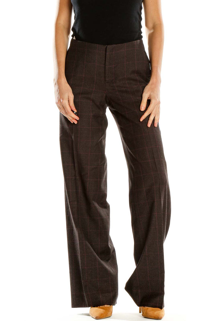Front view of Banana Republic brown plaid wide-leg trousers on model