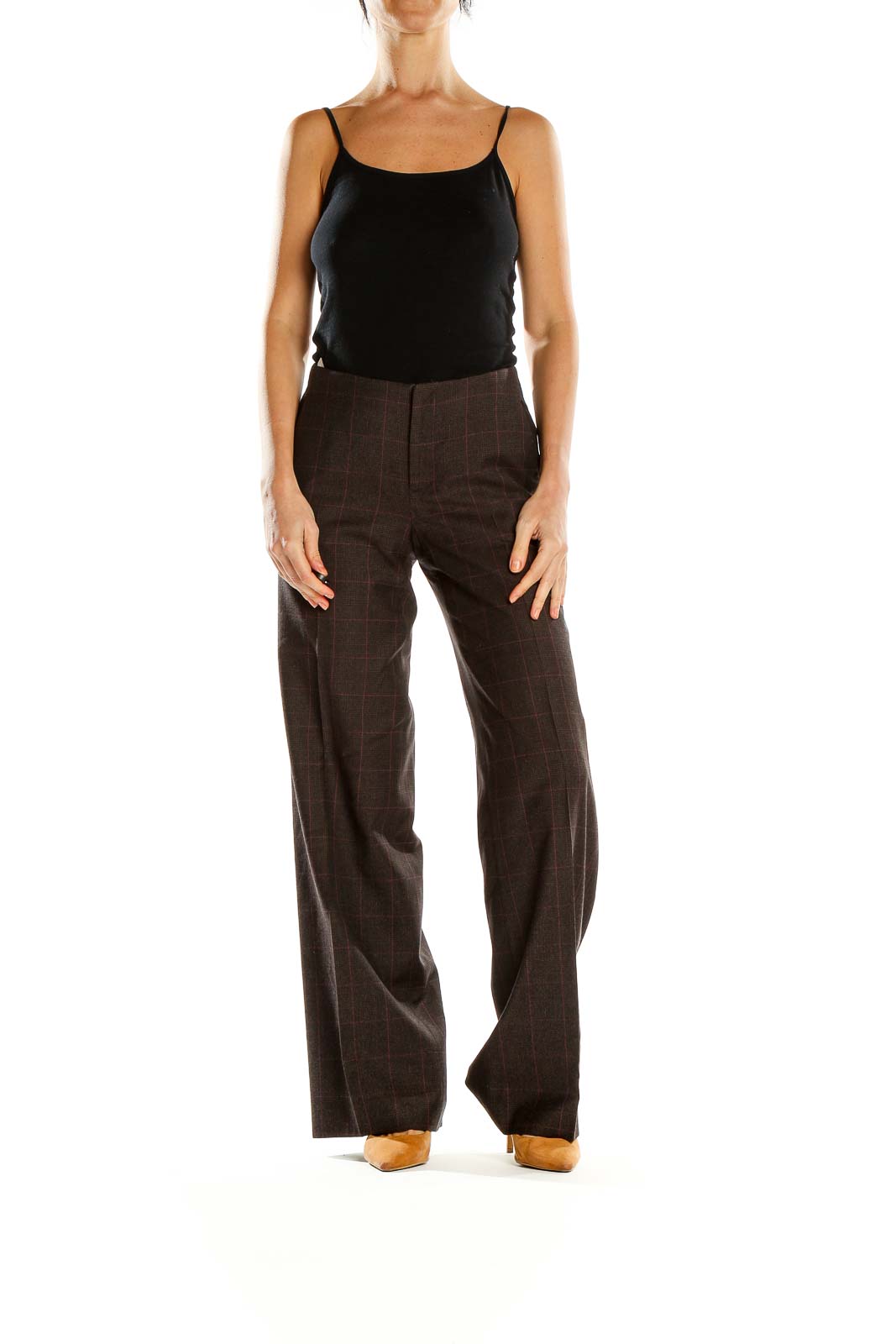 Front view of Banana Republic brown plaid wide-leg trousers on model