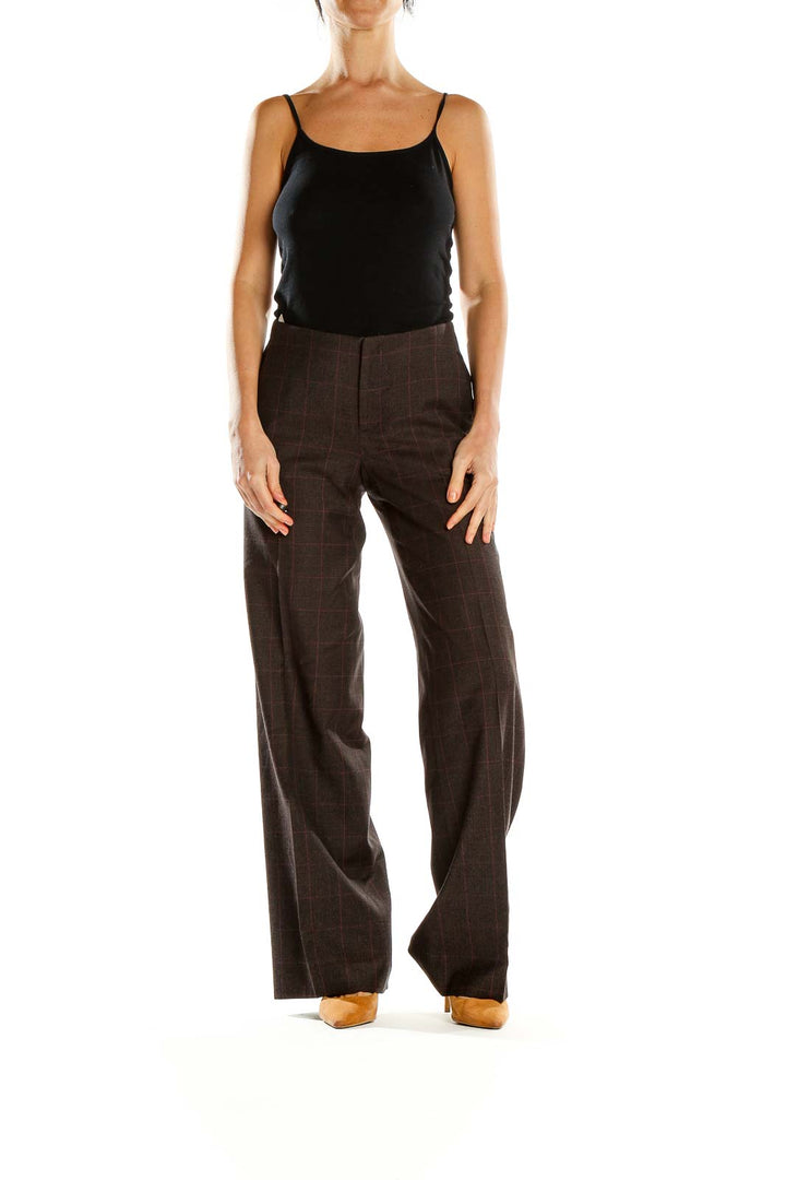 Front view of Banana Republic brown plaid wide-leg trousers on model