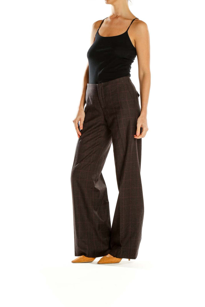 Front view of Banana Republic brown plaid wide-leg trousers on model