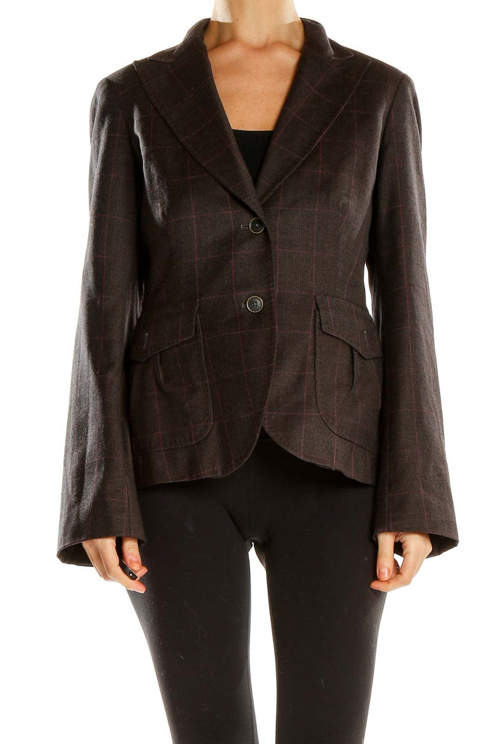 Front view of Banana Republic brown plaid fitted blazer with notched lapels