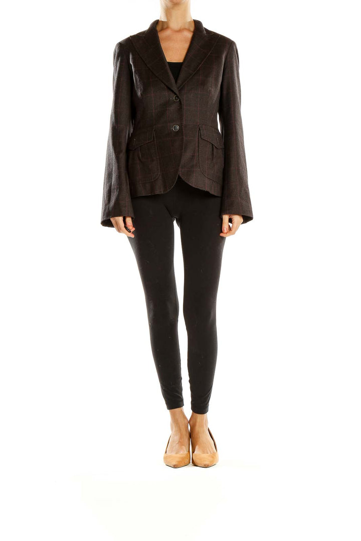 Front view of Banana Republic brown plaid fitted blazer with notched lapels