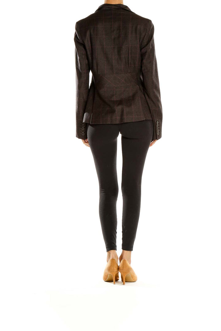 Back view of Banana Republic brown plaid fitted blazer showing tailored silhouette