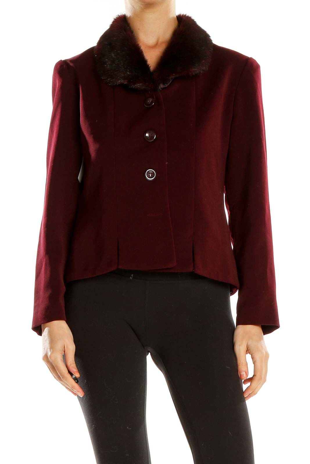 Front view of burgundy Jessica Howard jacket with fur collar