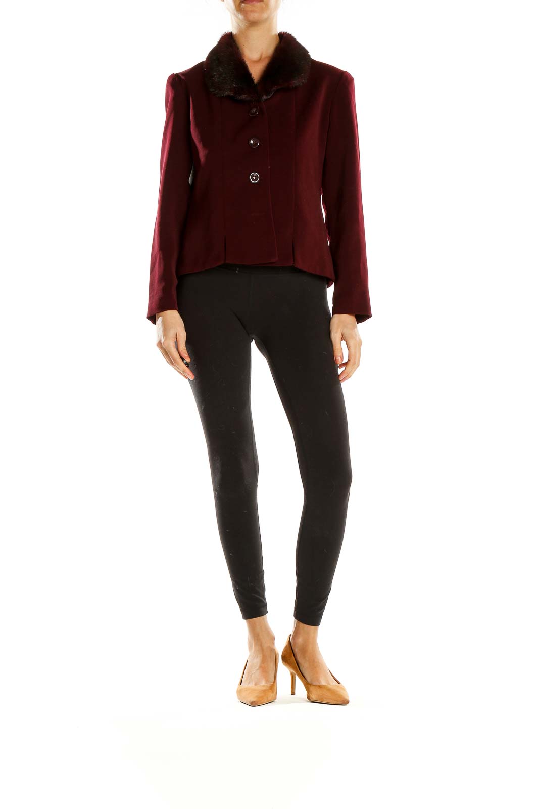Front view of burgundy Jessica Howard jacket with fur collar