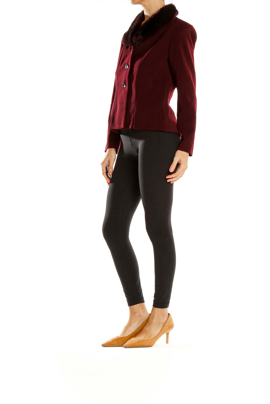 Front view of burgundy Jessica Howard jacket with fur collar