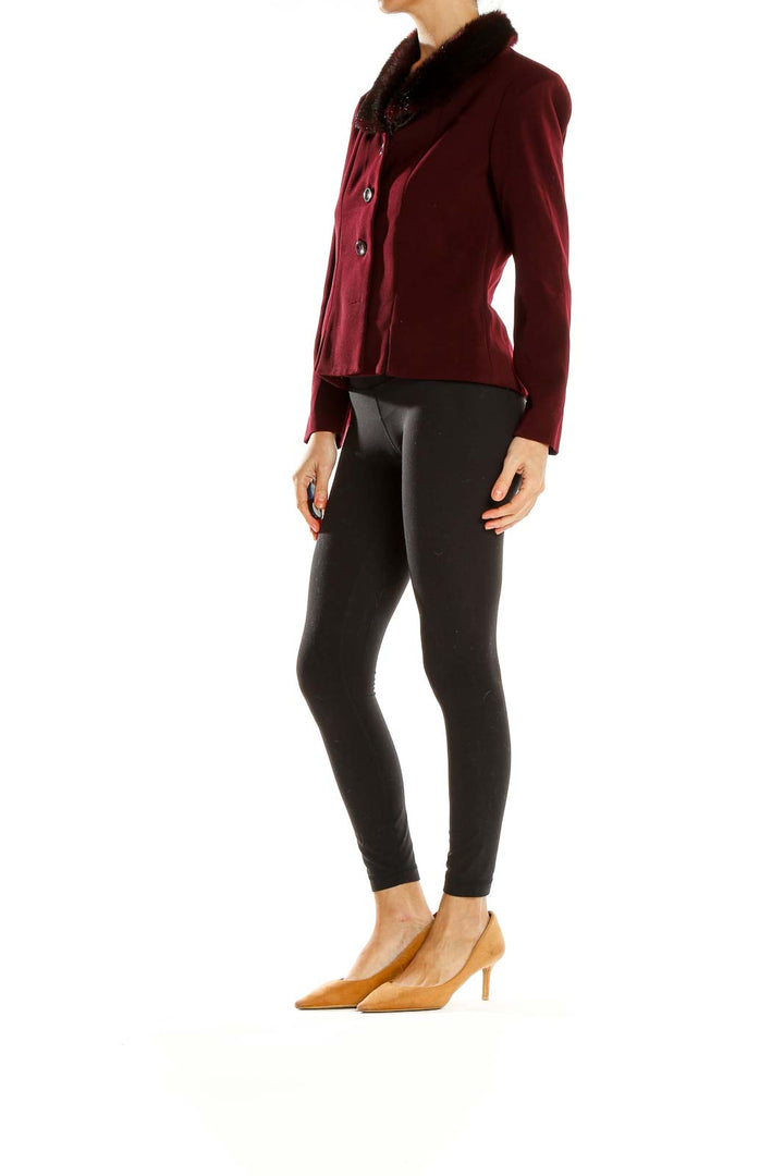 Front view of burgundy Jessica Howard jacket with fur collar