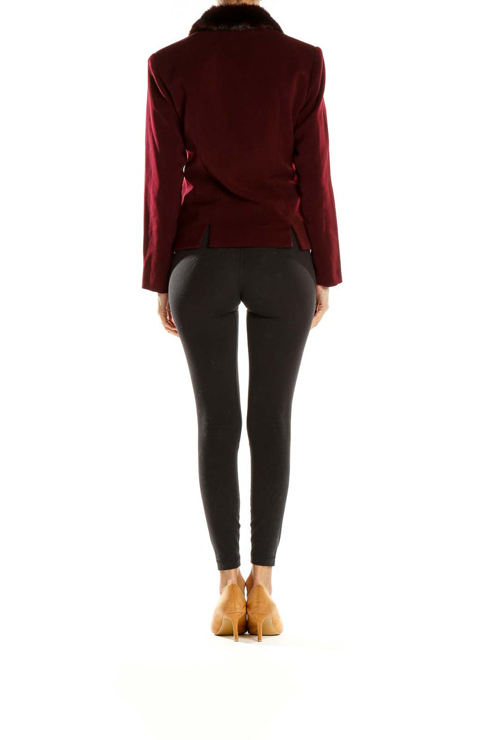 Side view of burgundy Jessica Howard jacket showing button-up design