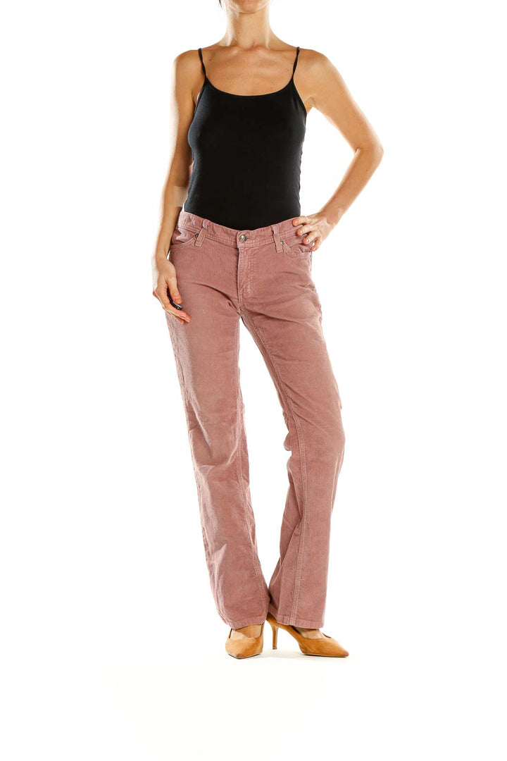 Front view of HABITUAL pink corduroy straight leg pants on model