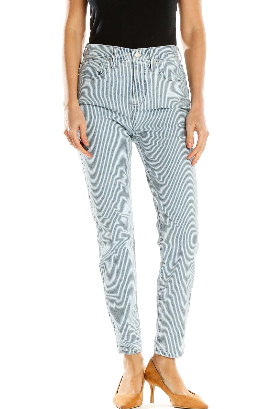 Front view of Madewell light blue striped high-waisted jeans on model