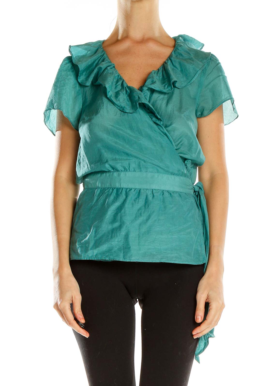 Front view of teal ruffled wrap blouse from Ann Taylor LOFT