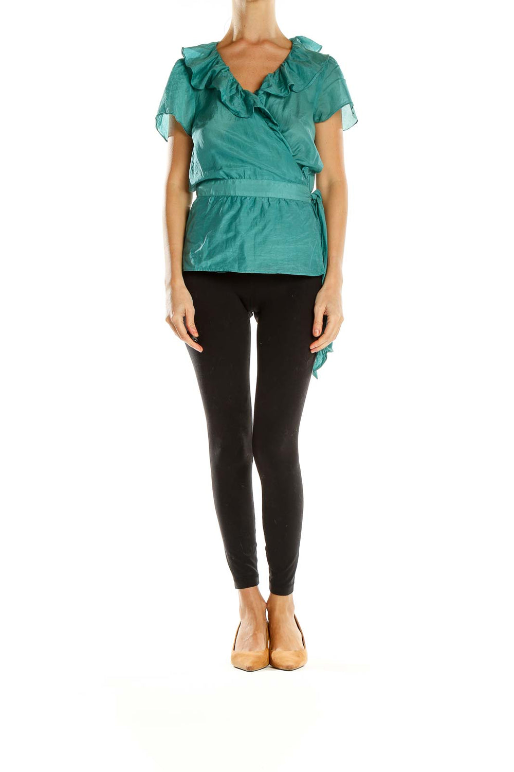 Front view of teal ruffled wrap blouse from Ann Taylor LOFT