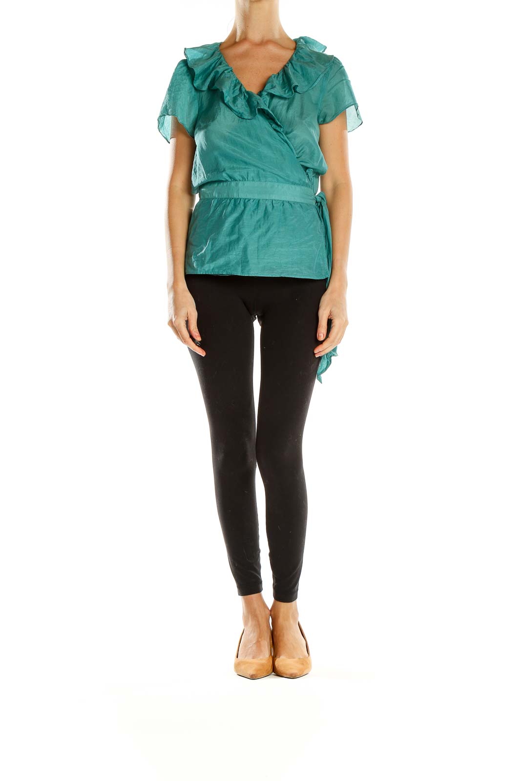 Front view of teal ruffled wrap blouse from Ann Taylor LOFT
