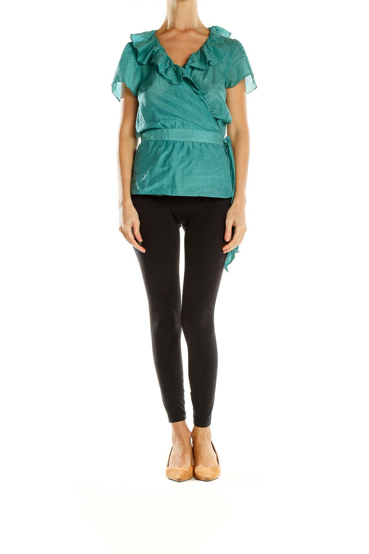 Front view of teal ruffled wrap blouse from Ann Taylor LOFT