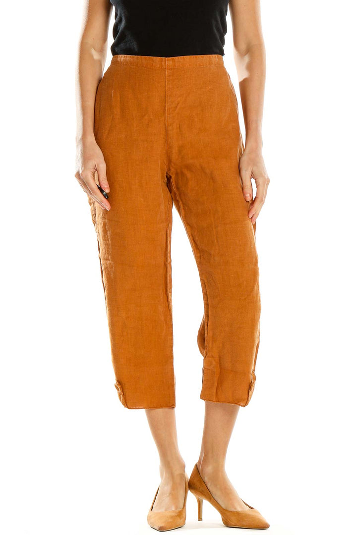 Front view of orange linen cropped wide-leg pants from Click by Color Me Cotton