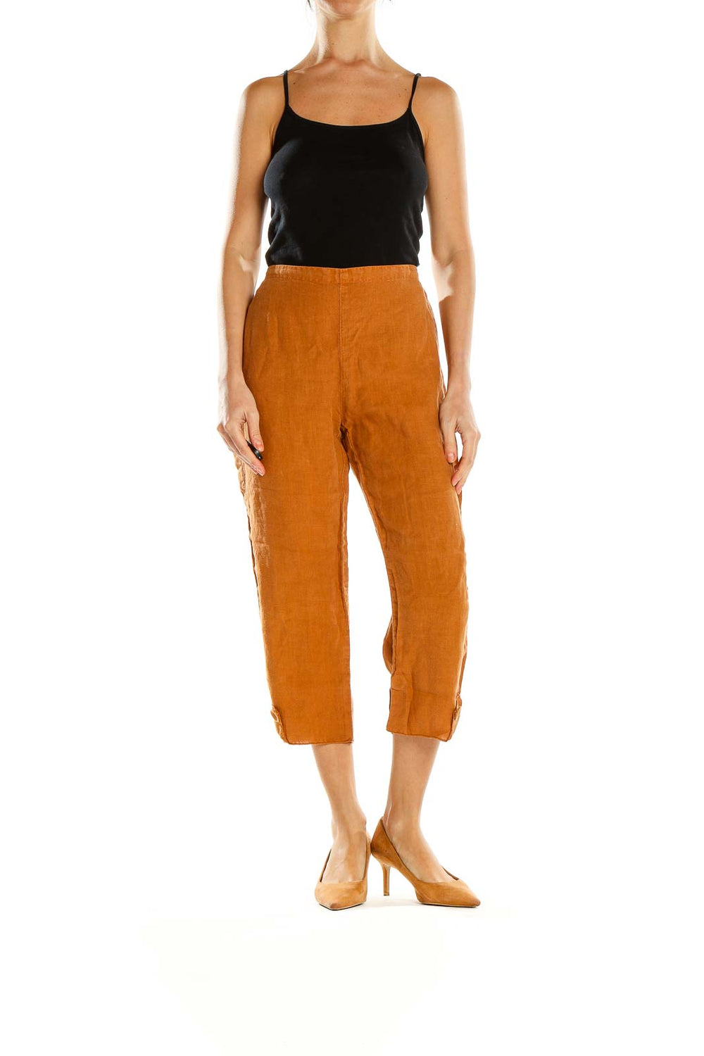 Front view of orange linen cropped wide-leg pants from Click by Color Me Cotton