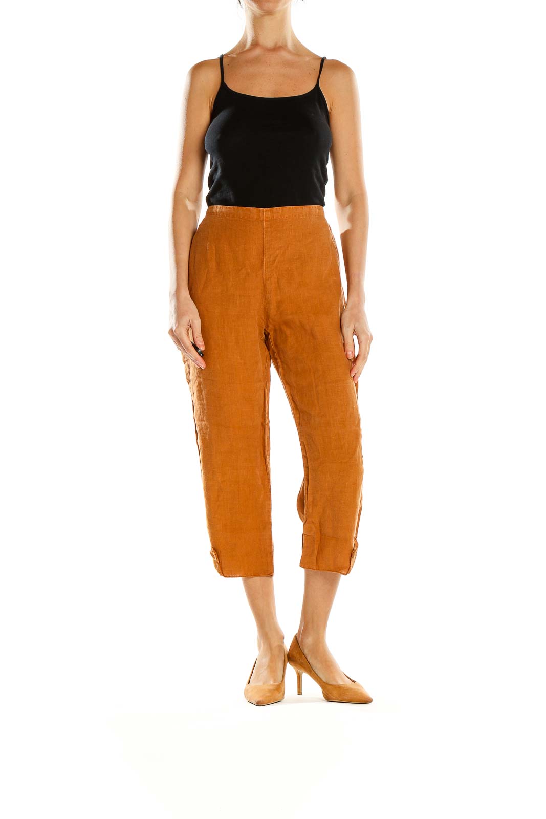 Front view of orange linen cropped wide-leg pants from Click by Color Me Cotton